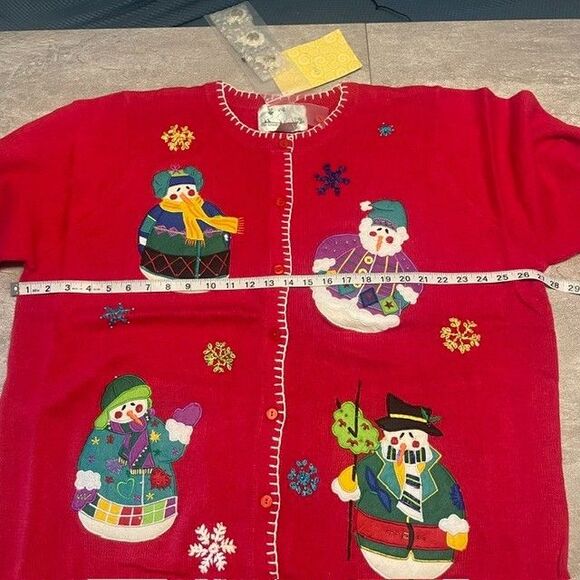 Quacker Factory 2X Christmas Cardigan Red Snowman Holiday Festive Ugly Sweater - Picture 2 of 6